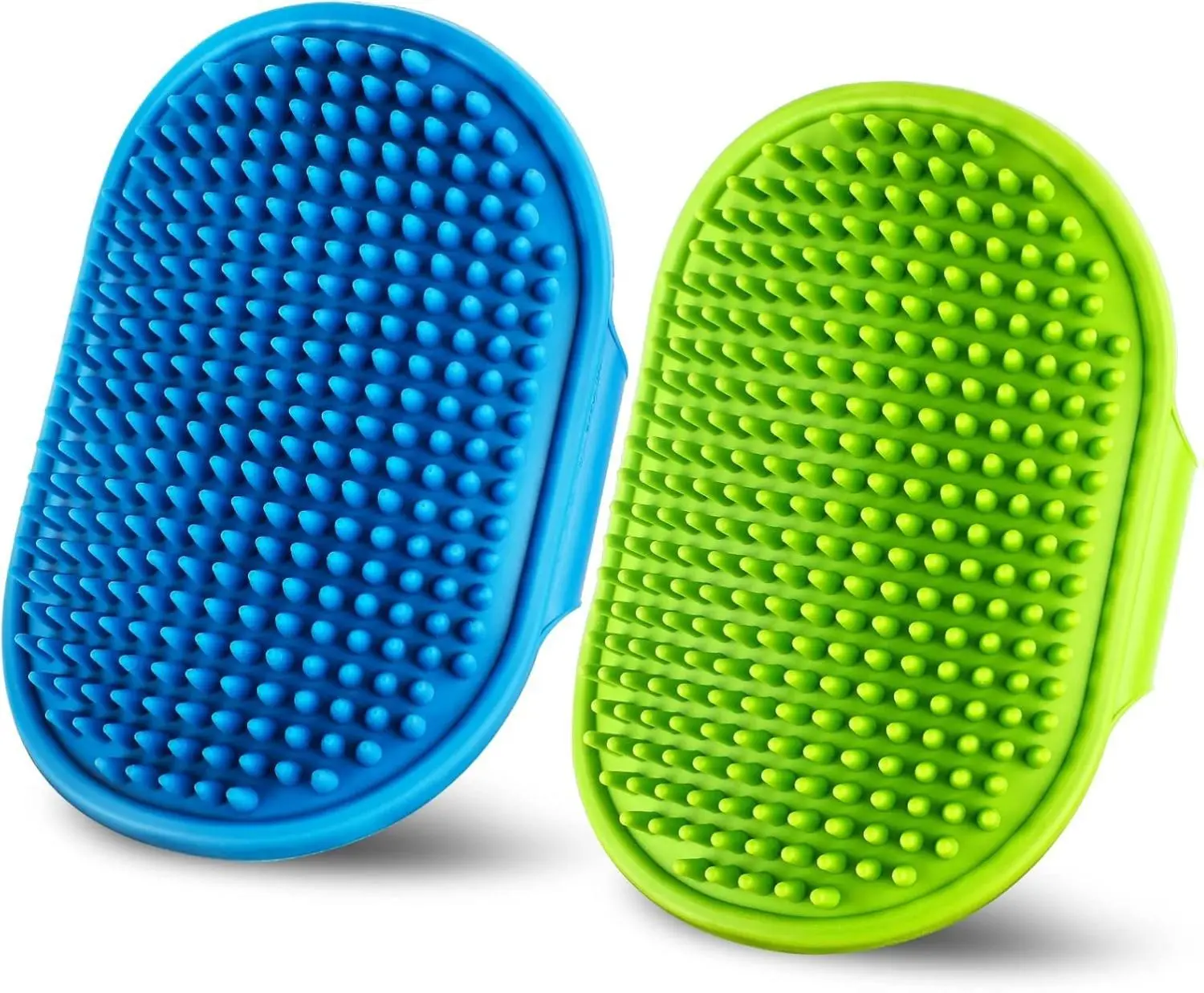 Dog & Cat 2-Piece Universal Soft Silicone Tapered-Head Slicker Brush Set - Blue & Green, Adjustable Loop Handle, Gentle Exfoliates Skin, Moisturizing Shampoo Massage, Wet & Dry Use, Long Grooming Sessions, Two Piece Set, 9.8 X 4.8 X 0.7 Cm