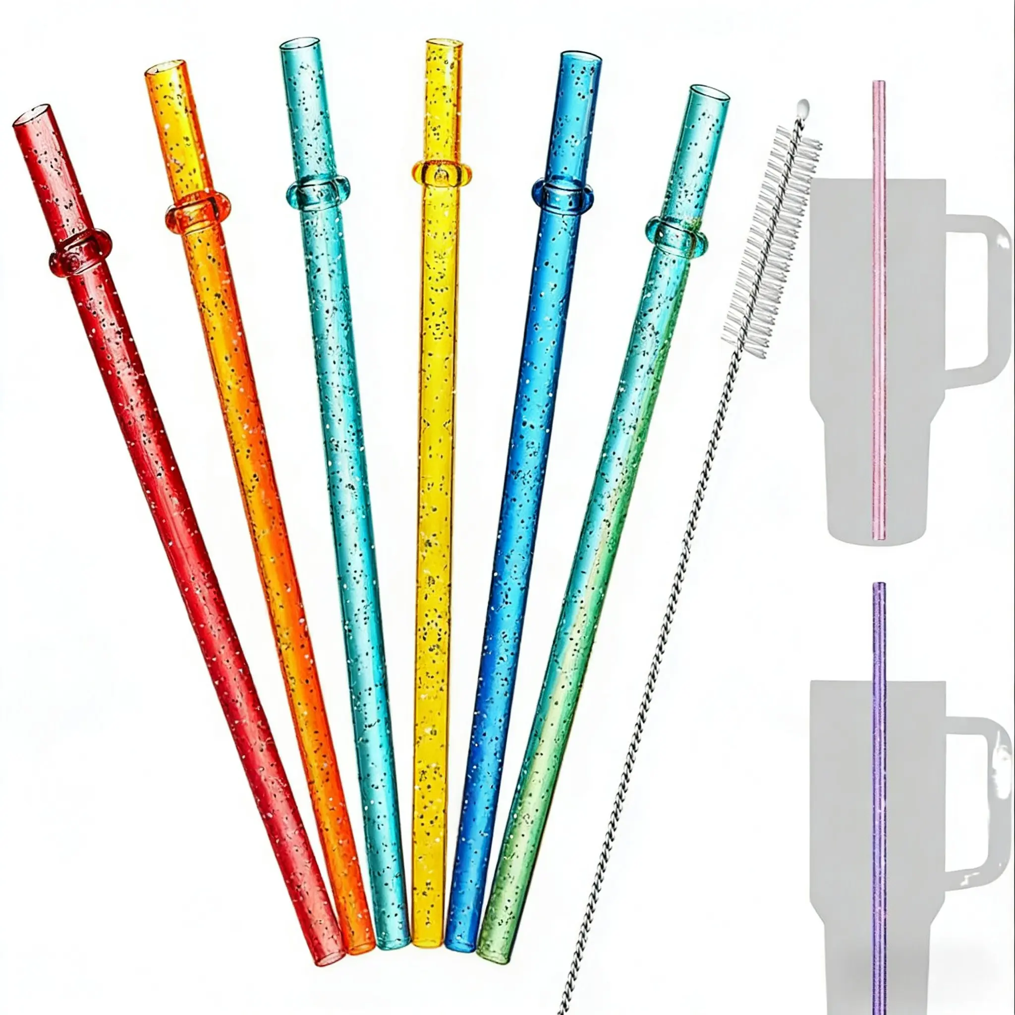 Reusable Colorful Plastic Straws, Drinking Straw, 6pcs/12pcs/set Shiny Straws with Cleaning Brush, Home Bar Accessories, Shatterproof Cup Straws for 40/30/24oz Tumblers and Glass Cups【Without Cup】