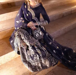 Luxury Dark Blue Chiffon Gharara Set with Organza Dupatta & Potli (4 Piece) by Haseens.