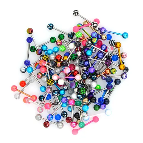 Oufer Unisex 100-Piece 14 Gauge Stainless Steel Tongue Barbells - 1.6mm Standard Ring Ball Sizing, 16mm Bar Length Vibrant Colorful Acrylic Balls, Casual Daily Wear Tongue Piercing Jewelry