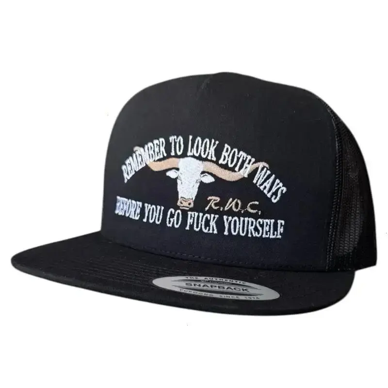 Funny Trucker Hat � Look Both Ways Before You Mess Up | Embroidered Snapback Cap | Gag Gift for Men, Roommates, Bachelor Party or Bar Nights