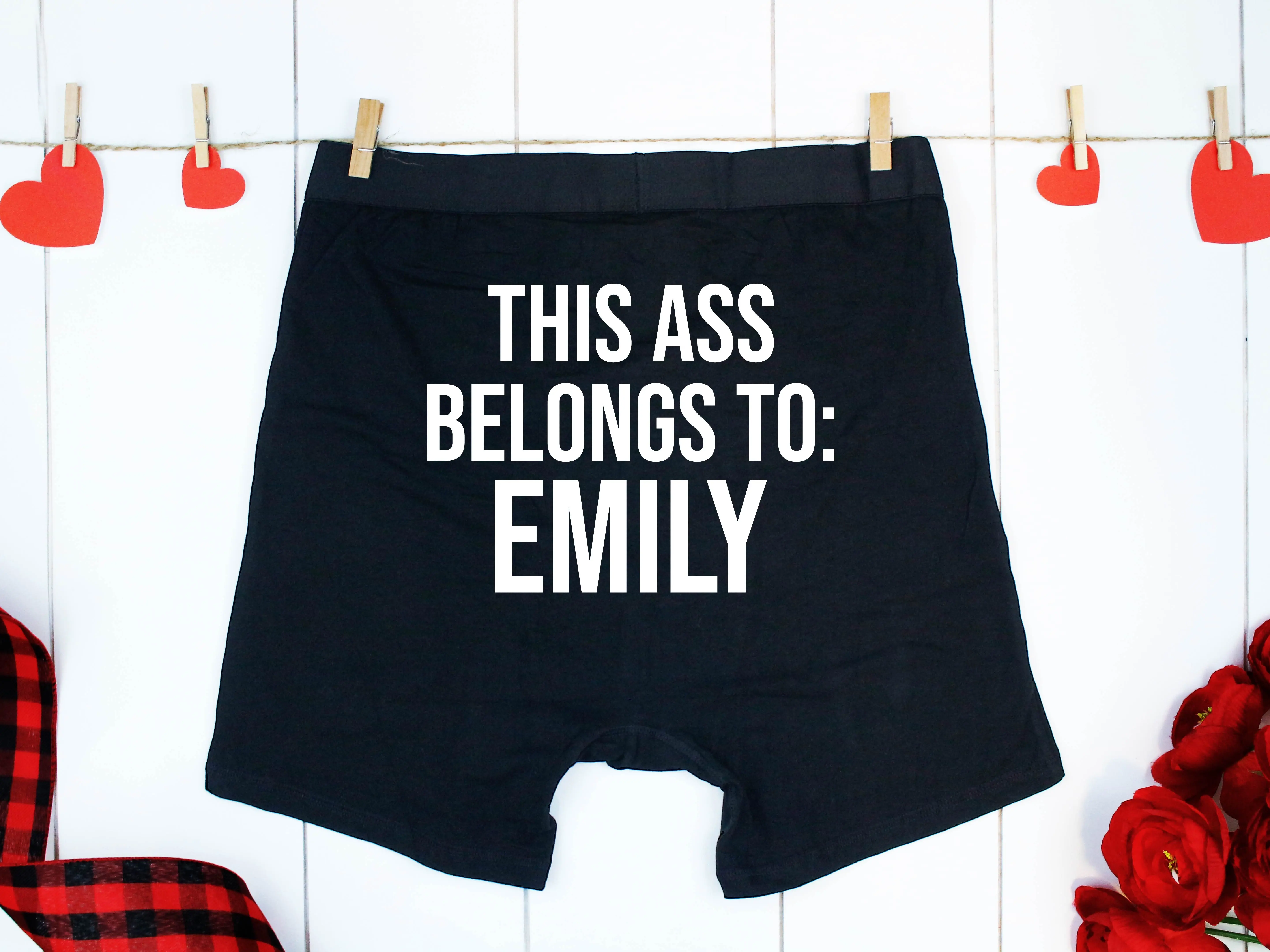 This Ass Belongs To Emily Men's Underwear, Sarcastic Anniversary Gift For Husband, Valentine's Day Men's Boxer, Personalized Men's Boxer, Funny Honeymoon Men's Underwear, Custom Name Men's Underwear