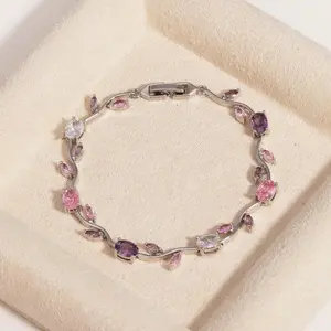 Lovely White Gold Plated AAA Cubic Zirconia Gemstone Flower Vine 7 Inches Bracelet for Mothers Sparkling Emerald Leaf Design Dazzlingly Bright Exquisite Craftsmanship