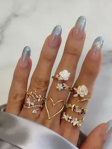 Sweet Style Gold Ring 7-Piece Set, Love Heart & Butterfly Rhinestone Multi-Set, Stackable Versatile Women's Jewelry, Valentine's Day & BFF Gift