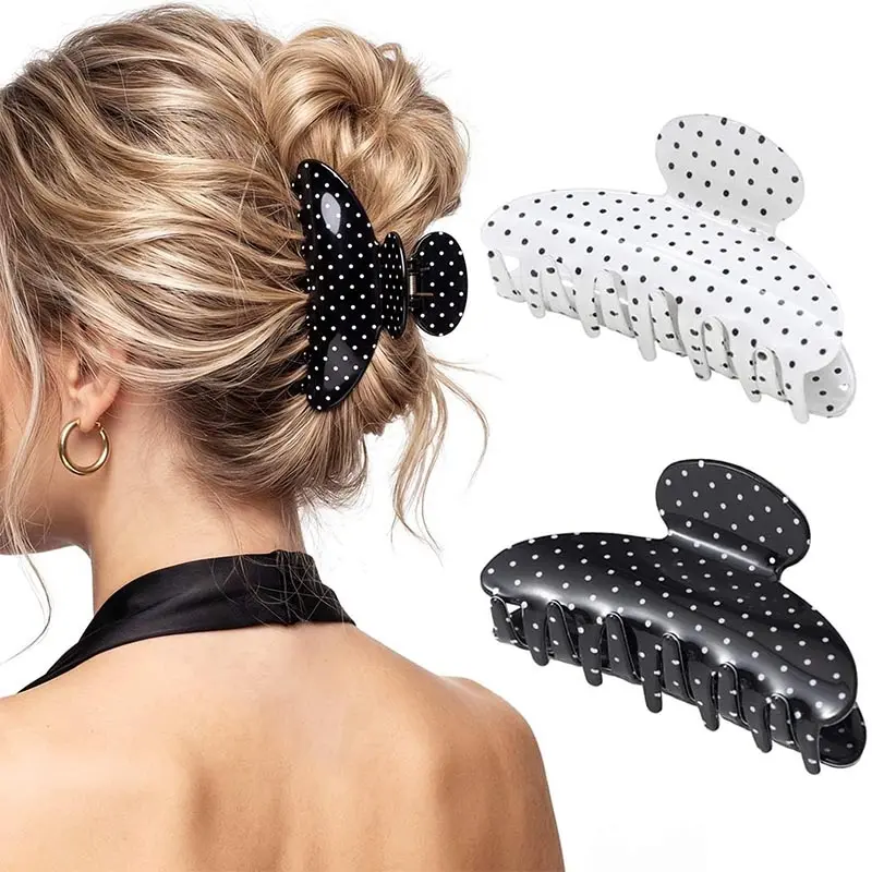 Medium Acrylic Claw Clips for Women, 2 Pack Black and White Polka Dot Design with a Non-Slip Hold for Business or Everyday Styling, Medium Size, Hair Clips, Claw Clip, Casual