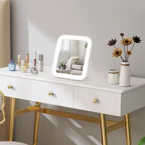 8x10 Inch Lighted Vanity Mirror 3-Color Dimmable LED Lighting Touch Control Portable Makeup Mirror with U-Bracket for Travel Dressing Room White