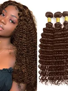 3PCS 4#-BC 4# Medium Brown Deep Wave Human Hair Bundles, Brazilian Hair Weave