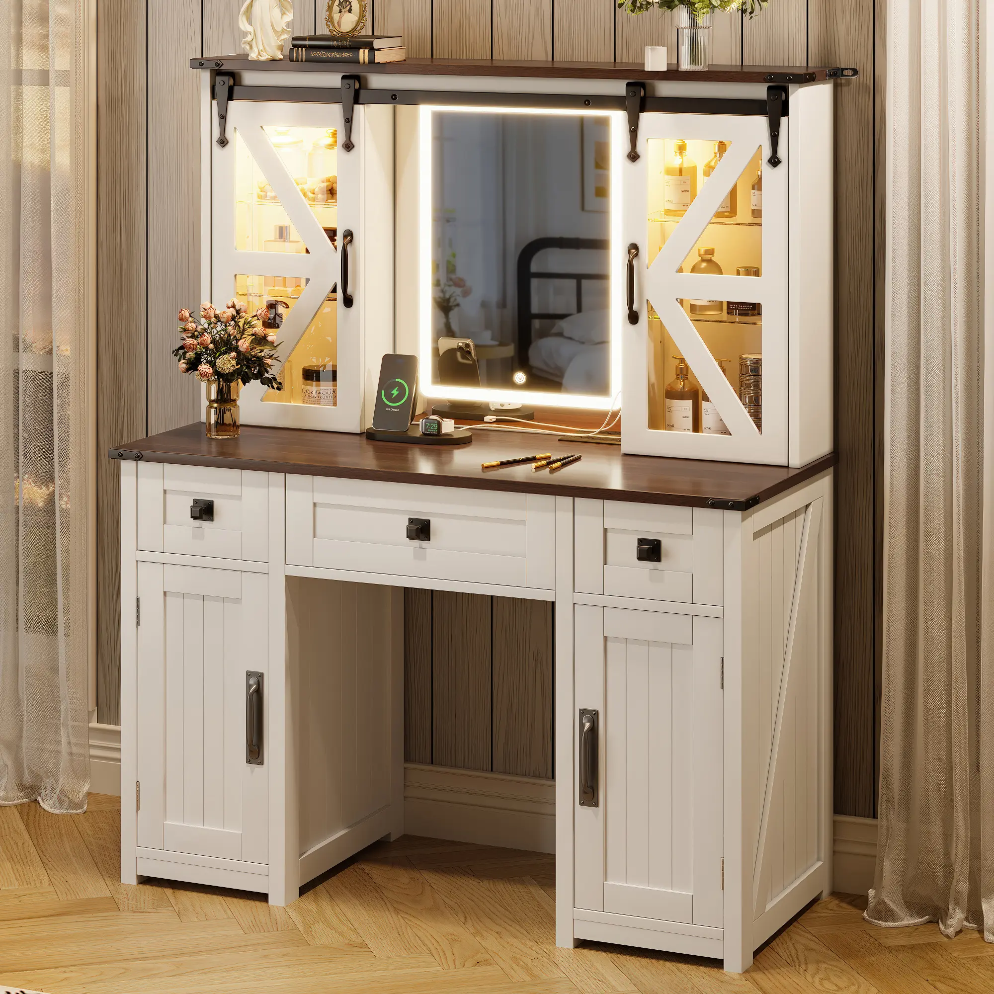 Beige Farmhouse Bedroom Vanity Set - 43.3in Indoor Dressing Table for Women, Lighted Mirror, Charging Station with 1 Type-C Port, Sliding Barn Door Hidden Shelves, 3 Drawers, 4 Cabinets, Farmhouse Vanity Desk, Makeup Vanity Desk With Lights