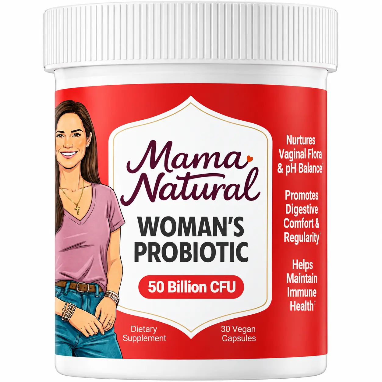 Mama Natural Women's Health Probiotics Capsule - Doctor-Recommended, 50B CFU, 10 Strains, 30 Count, Organic Prebiotics, Fiber, Vegan & Allergen-Free, 1-Cap Daily, Sugar-Free, Lactobacillus & Bifidobacterium for Gut, Vaginal Health, Natural Wellness Boost