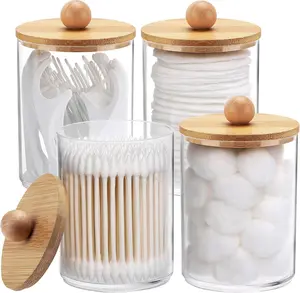 4 Pack Qtip Holder, 10-Ounce Bathroom Organizer Accessories Storage Containers Clear Plastic Apothecary Jars with Bamboo Lids for Cotton Ball, Cotton Swab, Floss