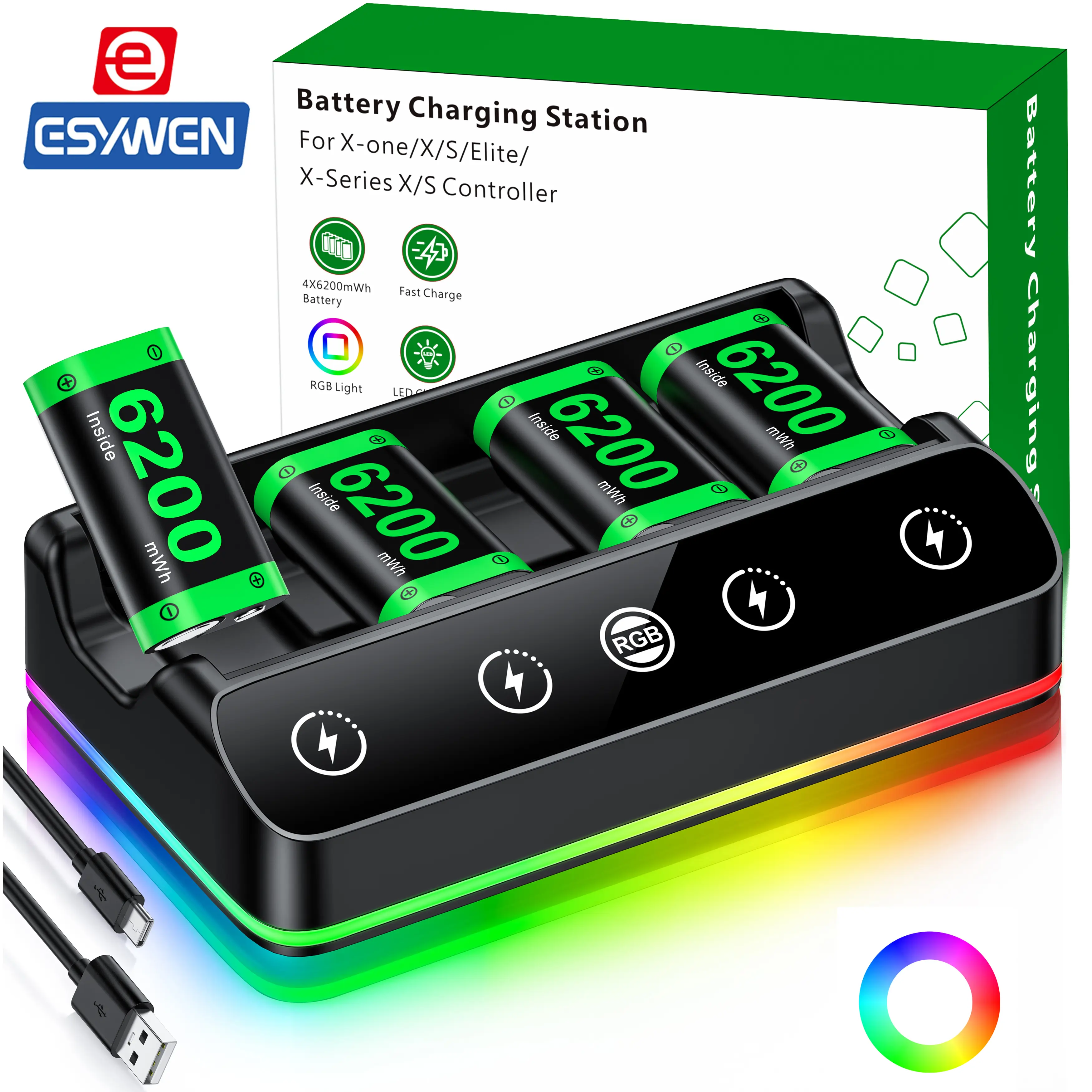 ESYWEN 4X 6200mWh Rechargeable Battery Pack for Xbox One/Series S/X Controller – Charging Station Compatible, with Extended USB-C Cable