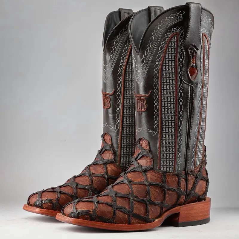 Cognac Jumbo Pirarucu Print Leather Boots - Square Toe