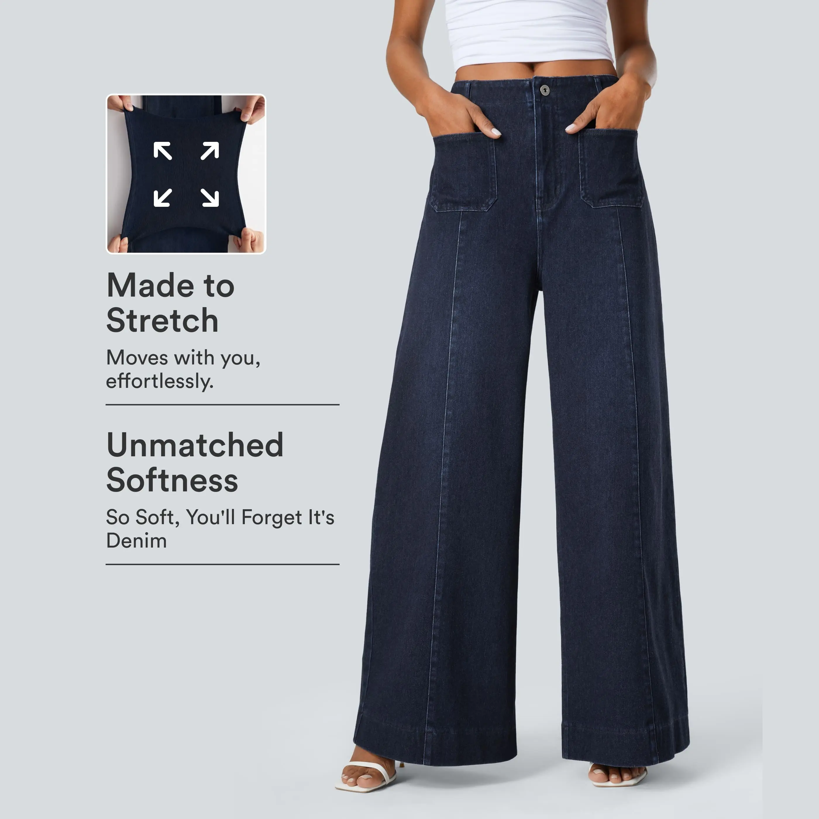 Halara Flex High Waisted Pockets Washed Casual Wide Leg Jeans