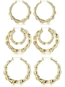 3 Pairs Bamboo Earrings Large Hoop Earrings Set Fashionable Hoop Earrings Gold Tone Round Statement Hip-Hop Earrings For Women (A) Fashionable Jewelry Accessories