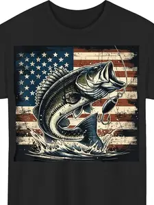 Men'S American Flag Bass Fishing Graphic T-Shirt |   Heavyweight 180gsm Tee for Anglers, Casual Outdoor Shirt, Crew Neck, Short Sleeve, All-season, Digital Heat Transfer, Ideal Father'S Day Gift for Fishing Enthusiasts (Sizes S-XXXL)