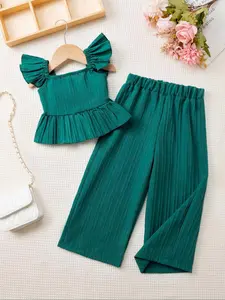 Two-Piece Set Toddler Girl's Solid Ruffle Trim Top & Wide Leg Pants Set, Casual Elegant Square Neck Top & Trousers for Daily Outdoor Wear, Kids Clothes for Summer, Fashion Style Sets