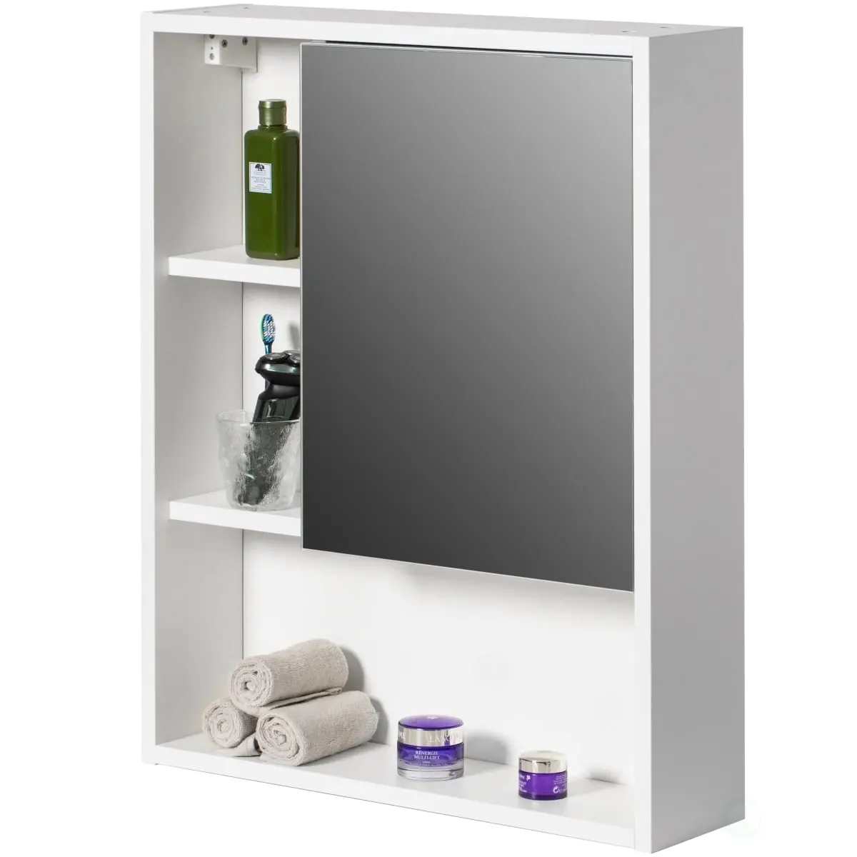 Basicwise QI004506.WT White Wall Mount Mirrored Storage Cabinet - Enclosed, Furniture-Style, Heavy-Duty, Mid-Size, Open Shelf, 2 Adjustable Shelves Medicine Organizer for Bathrooms, Kitchens, Enclosed Wall Cabinets, Furniture-Style Wall Cabinets
