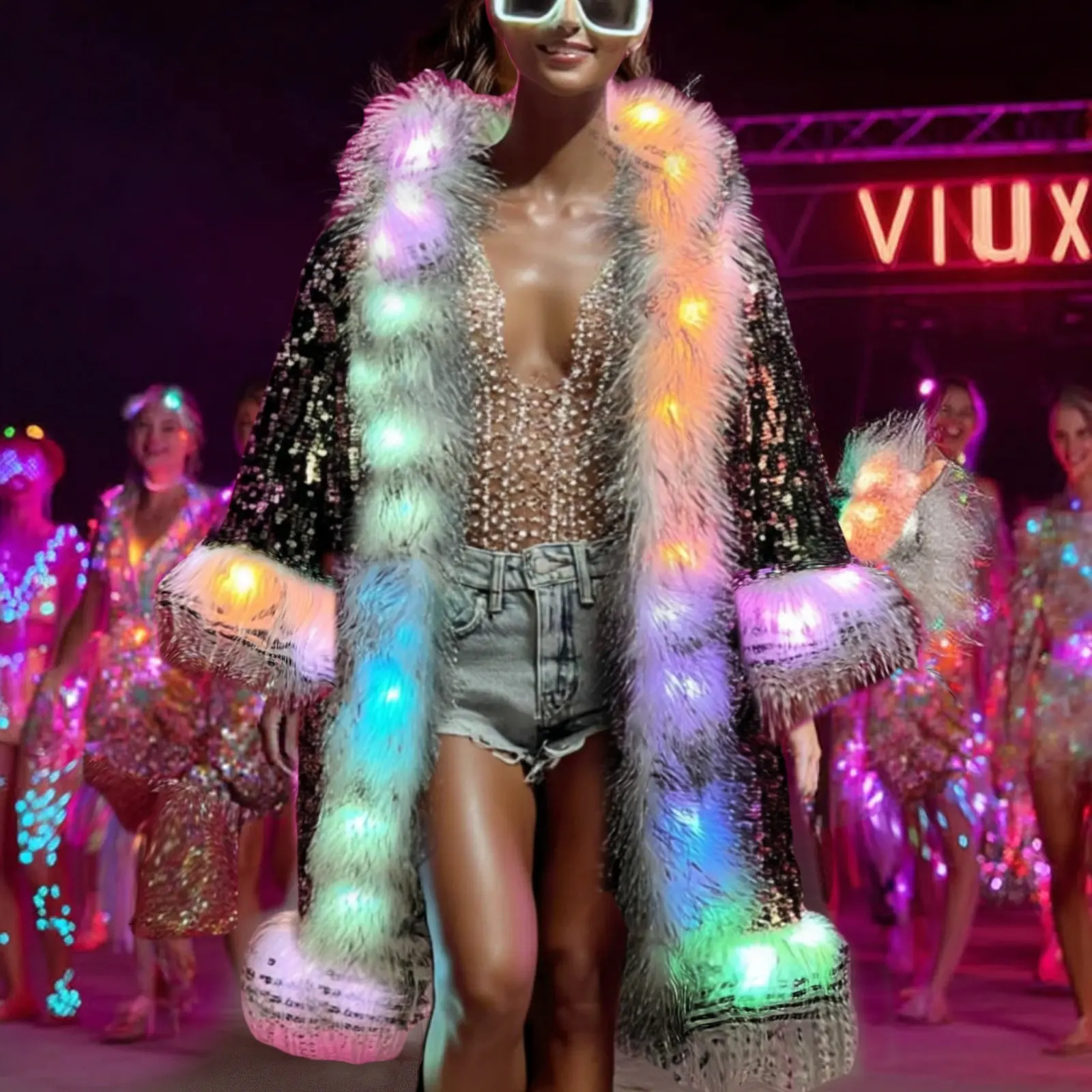 LED Light up Sequin Coat for Women Flash Sparkly Jacket Rave Costume Music Festival Outfits Parties Halloween Holiday Tops Casual