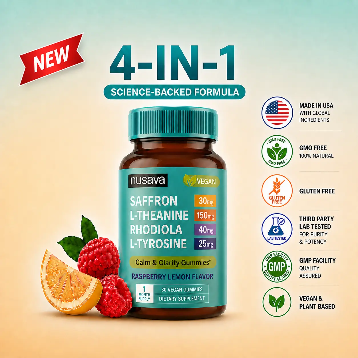 4-in-1 Saffron Blend Calm Gummies - Saffron Extract with Rhodiola Rosea Extract, L-Theanine, and L-Tyrosine for Daily Composure & Cognitive Support - Vegan Gummies