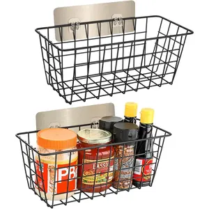 2 Pack Hanging Wall Wire Storage Baskets No Drilling Adhesive Organizer for Kitchen Pantry Bathroom Cabinet Door Hanging Fruit Storage Black