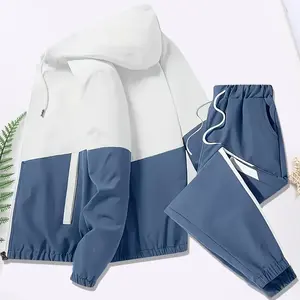 Men's 2-Piece Fitted Casual Sports Clothing Set - Spring & Autumn Hooded Jacket & Pants, Mensfashion Colorblock Design, Ideal Gift for Husbands
