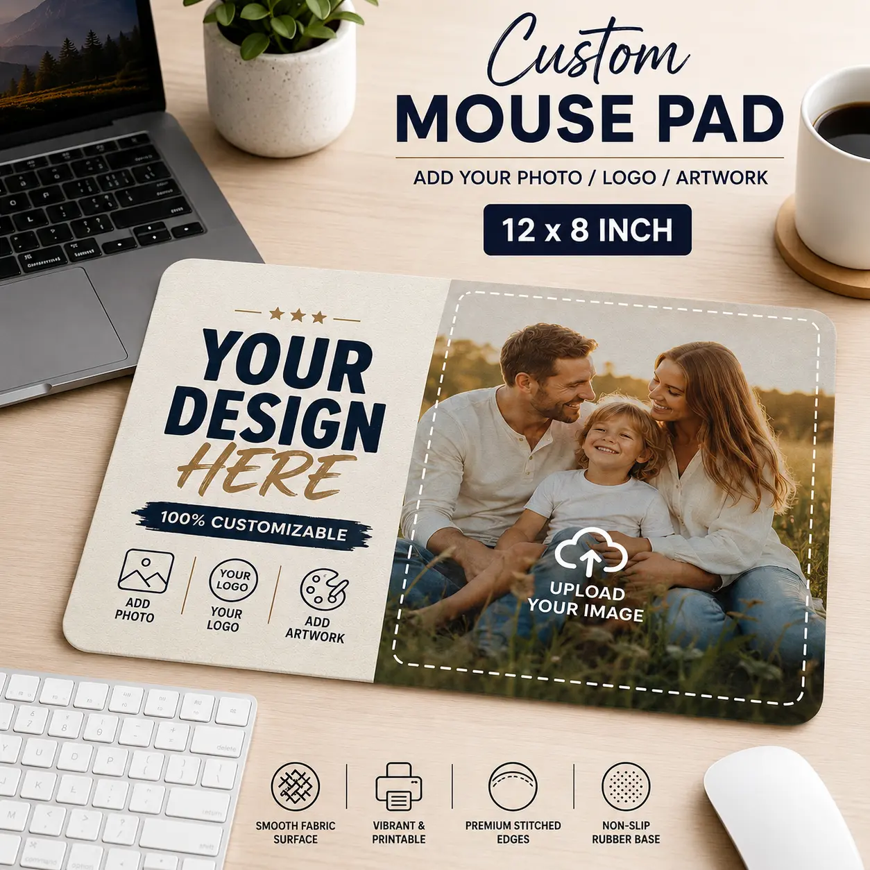 Custom 12x8 in Rectangular Mouse Pad - Personalized Photo, Logo, Text, Stitched Edges Mouse Pads for Office Desk Use