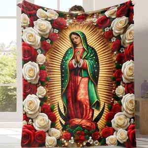 Countdown Sale!Virgin Mary and Rose Print Flannel Throw Blanket Soft Funny Throw Blanket Cozy Lightweight Plush Portable Cover Blanket For Sofa,Warm Gift For Birthday,Christmas,Suitable for use in offices, sofas, and travel settings, etc.