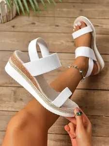 Women's Summer Fashion Vintage Wedge Sandals, Elastic Strap Fit, Jute Trim & Wood Grain Thick Sole, Comfortable Retro Style, Casual Wedge Sandal
