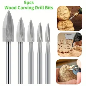 5pcs Wood Carving Tools Engraving Drill Accessories Bit Wood Crafts Grinding Woodworking Tool with 1/8 Inch Shank Universal Fitment for Rotary Tools
