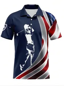 Men's Patriotic Golf Polo Shirt, Lightweight Polyester Fiber, Short Sleeve Button Front, Casual Fitted Design for Outdoor Sports & Leisure Wear, Golfing Shirt