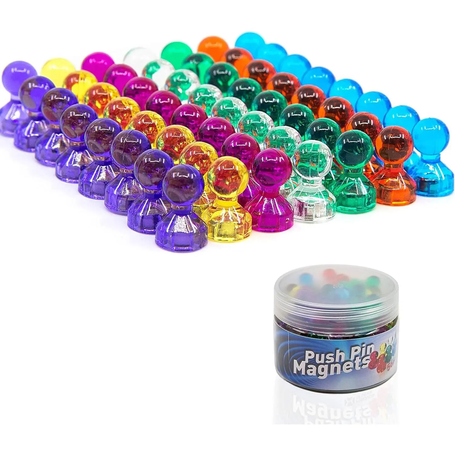 X-RM01 56 Assorted Color Strong Plastic Push Pin Magnets Kit - 7 Colors for Whiteboard, Kitchen Decor, Refrigerator Use, with Bonus Magnet Sheets & Bottle Attachment Compatibility