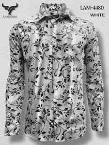 LAMASINI Men's MT4480 LAM-4480 WHITE Floral Striped Long Sleeve Shirt for Casual Wear & Layering