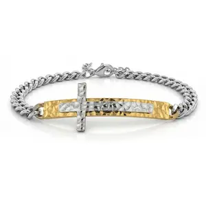 Hammered Cross Bracelet in ION Plated Yellow Gold Stainless Steel 7.50-9.0In