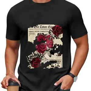 Men's Vintage Newspaper Rose Graphic T-Shirt - Retro Streetwear Short Sleeve Tee