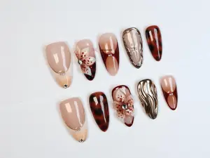 Tortoise Shell Floral 3D Press On Nails, Autumn Reusable Nail Set, Handmade Brown Amber Nails, Glossy Almond Fake Nails, Elegant Fall Nail Art Gift