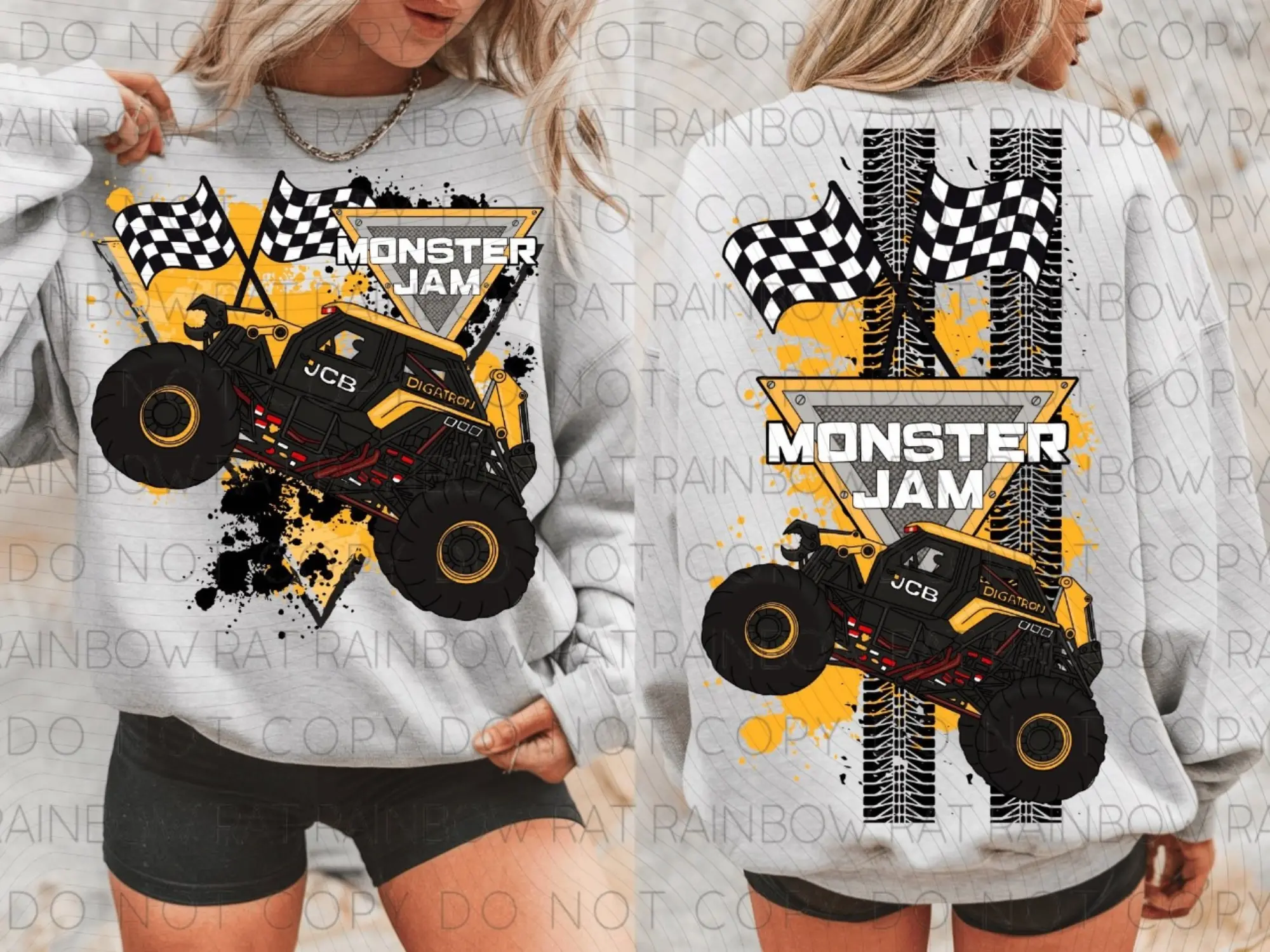 Youth & Adult 2-Sided Monster Truck Racing Sweatshirt JCB Digatron Graphic Front and Back Checkered Flag Design