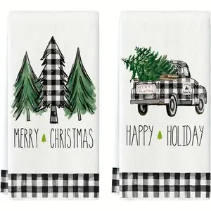 Set of 2 Christmas Kitchen Towels with Truck and Christmas Tree Plaid Print, Festive Kitchen Decor and Table Linens, Charming Home Essentials