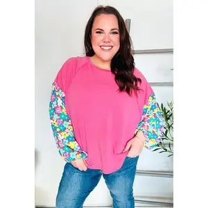 Lock Eyes Pink & Floral Bubble Sleeve French Terry Pullover