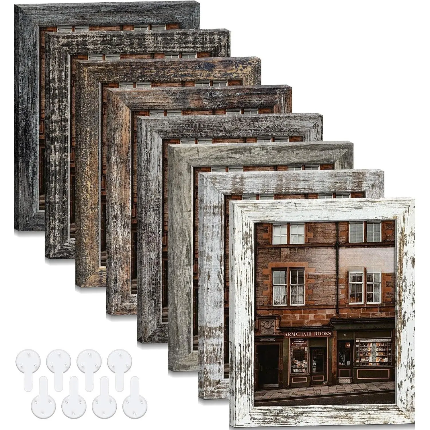 8x10 Picture Frames Set of 8,  Rustic Farmhouse Industrial Style Photo Frames,  Real Glass, for Tabletop or Wall