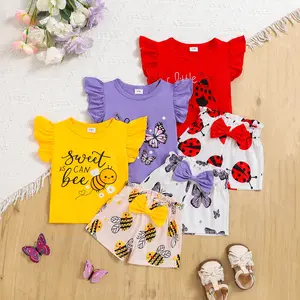Baby Girls 6pcs Ruffle Sleeve Top & Bow Shorts Set - Insect & Butterfly Print Casual Outfit, Sweet Bee Ladybug Print Infant Clothes FE-B2603187