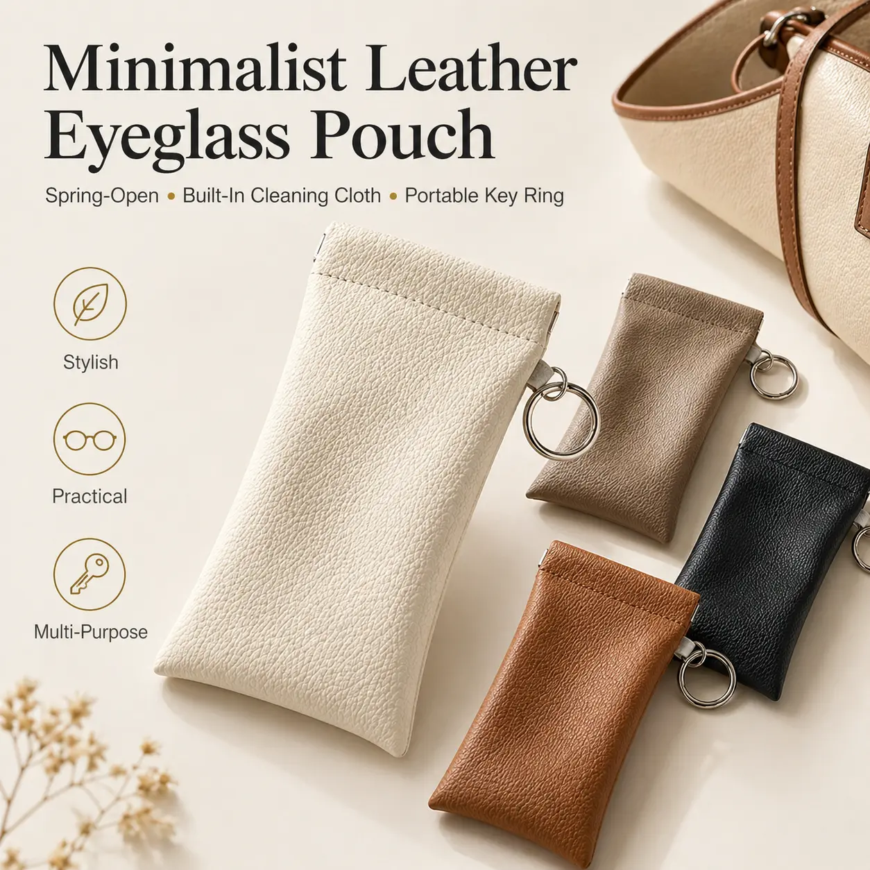 Unisex Minimalist PU Leather Sunglasses Pouch, Compact Eyewear Sleeve with Elastic Opening for a Secure Fit, Includes Keychain & Cleaning Cloth, Travel Safe, Modern, Outdoor, Anti-Scratch