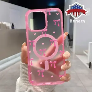 Magnetic Phone Case Supports Wireless Charging for iPhone 15 16 14 Pro Max 13 12 11 XR XS Plus E Cute Pink Bow Pattern Silicone Shockproof Transparent  Drop Protective Cover