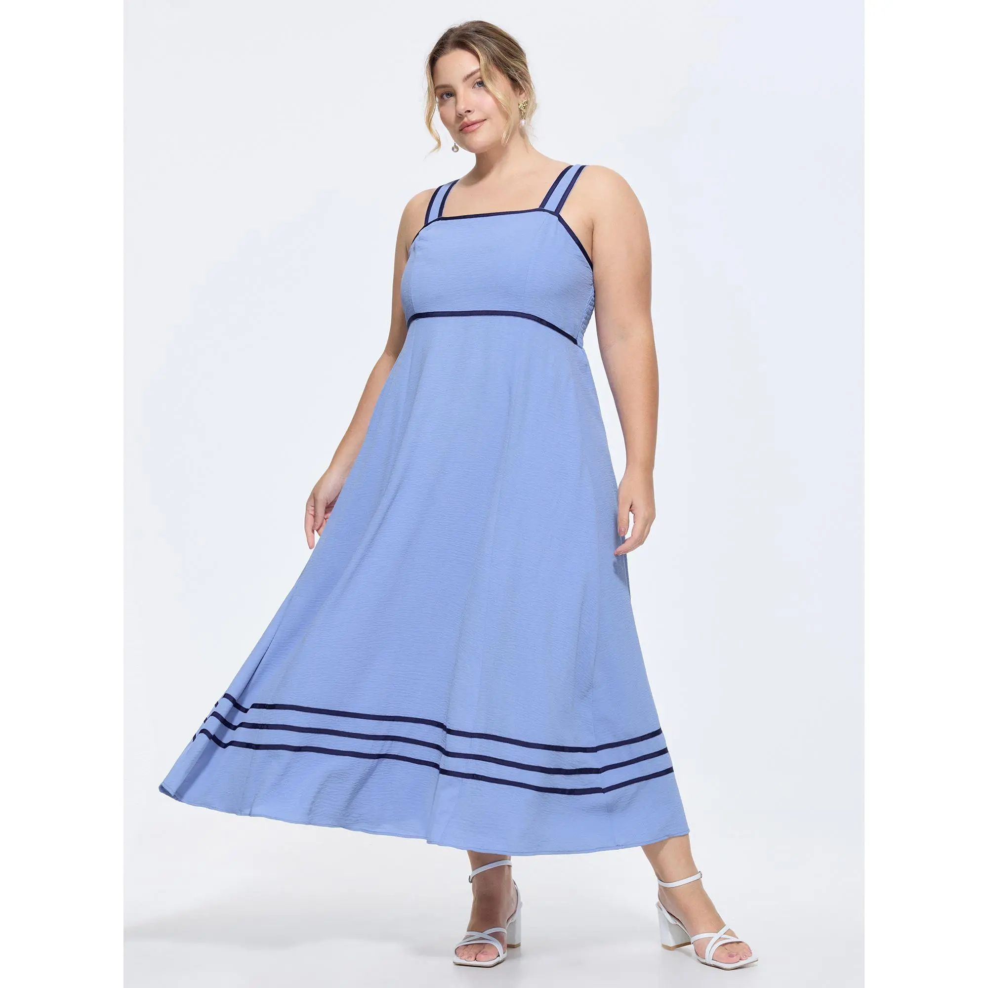 BloomChic Maxi Dress, Women's Plus Size Romantic Colorblock Stripe Smocked Gown for Summer Casual Wear with a Pocket, Plus Size Casual Dresses, Fabric