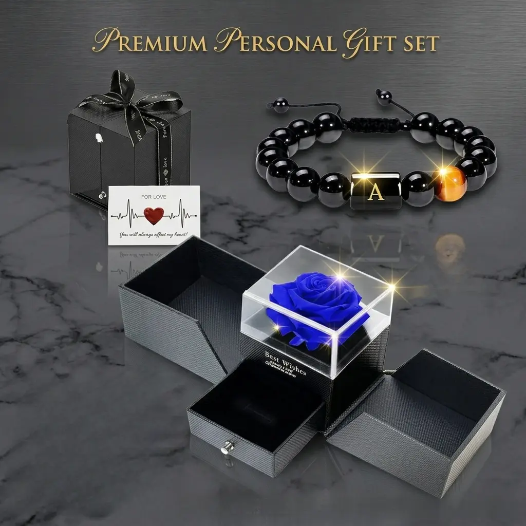 【For U Gifts】2026 NEW [Best Gift for Him]Personalized Mens Letter Detail Bracelet with Luxury Rose Gift Box Set Fashion Jewelry for Anniversary Birthday Valentines Day Gift Trendy All-match Daily Accessory for Boyfriend Husband Son (Exquisite Packaging)