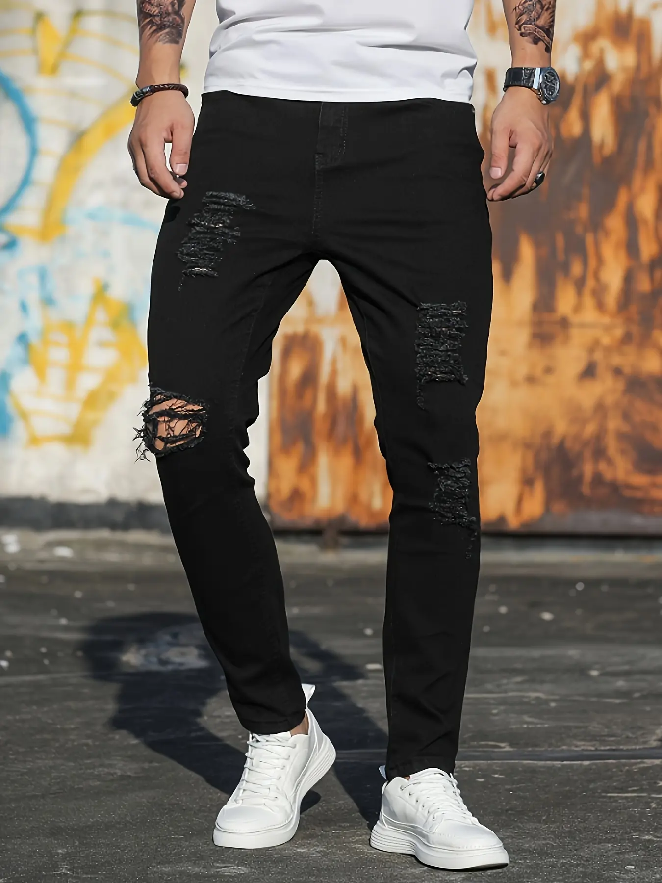 Men's Denim Trouser, Ripped Slim Fit Streetwear Jeans with Pockets, Comfortable Elastic Casual Menswear Pants