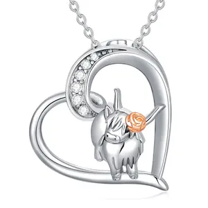 S925  Sterling Silver Two tone Highland Cow  Heart Pendant Necklace