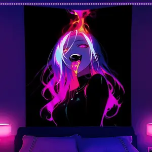Night light anime design, neon tapestry, illusory demon pattern, black light theme, Uv reaction wall tapestry, vibrant colored luminous wall hanging decoration room is an ideal holiday gift for friends