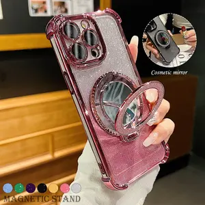 Glitter Bling Case For iPhone 15 16 Pro Max 14 13 12 Ring Stand Mirror MagSafe Magnetic Case Plating Bumper Shockproof Cover