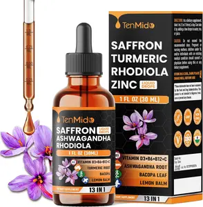 Saffon Extract Drops 88.5mg - 13in1 with Ashwagandha, Rhodiola, Turmeric, Bacopa, Magnesium Glycinate, L-Theanine, Lemon Balm, B1, B12 and More - 30ml 1 Fl Oz