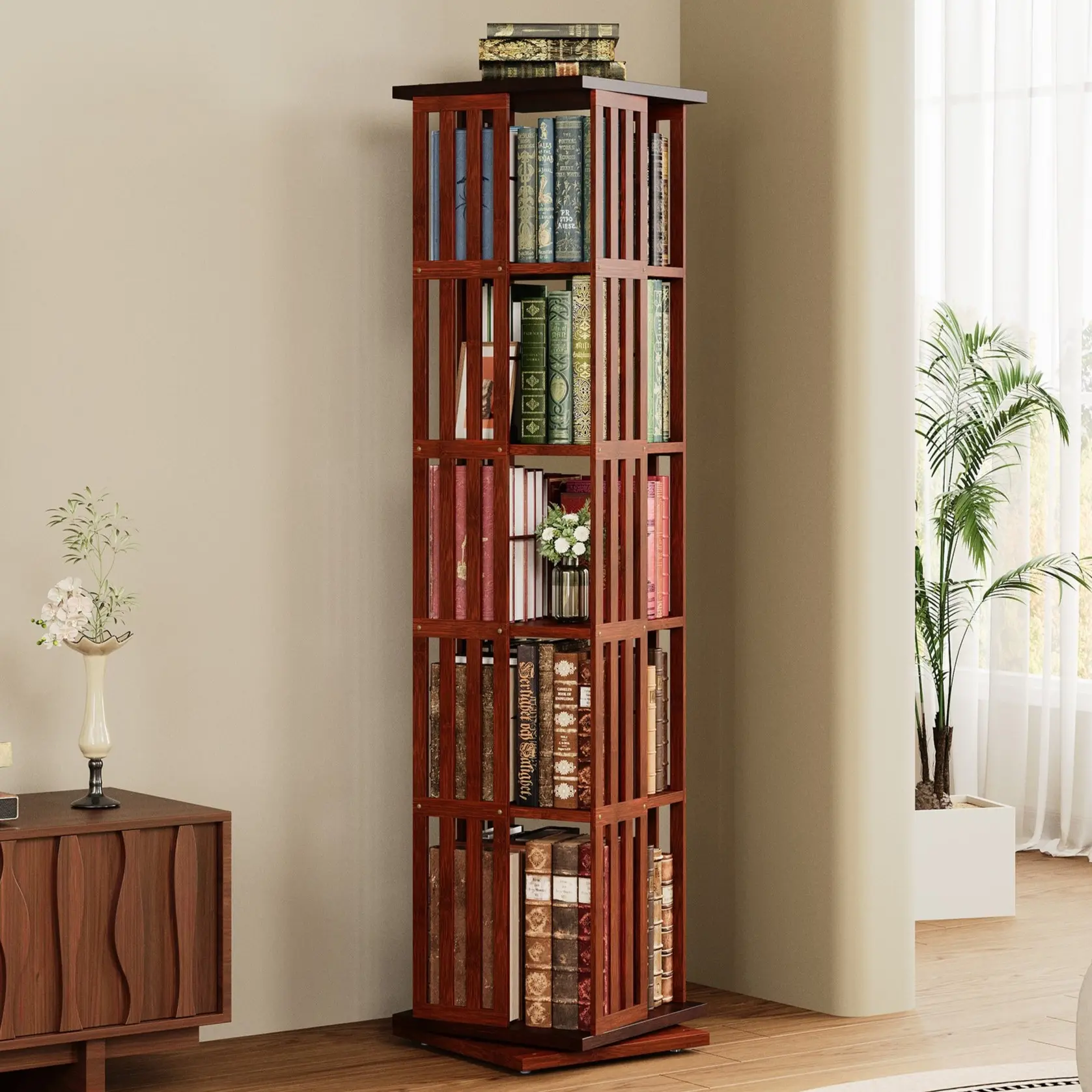IRONCK 360° Rotating Bamboo Wooden Bookshelf with Drawers - 5-Tier Open Spinning Rack, 60 in Tall Indoor Home Organization Storage Furniture, Adjustable Ergonomic Shelves for Living Room